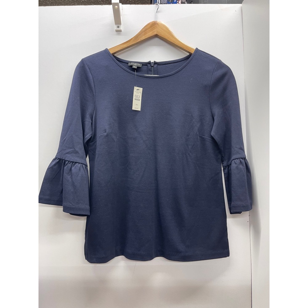 Talbots Petites Navy Blue 3/4 Bell Sleeve Ruffle Knit Top PM NWT
